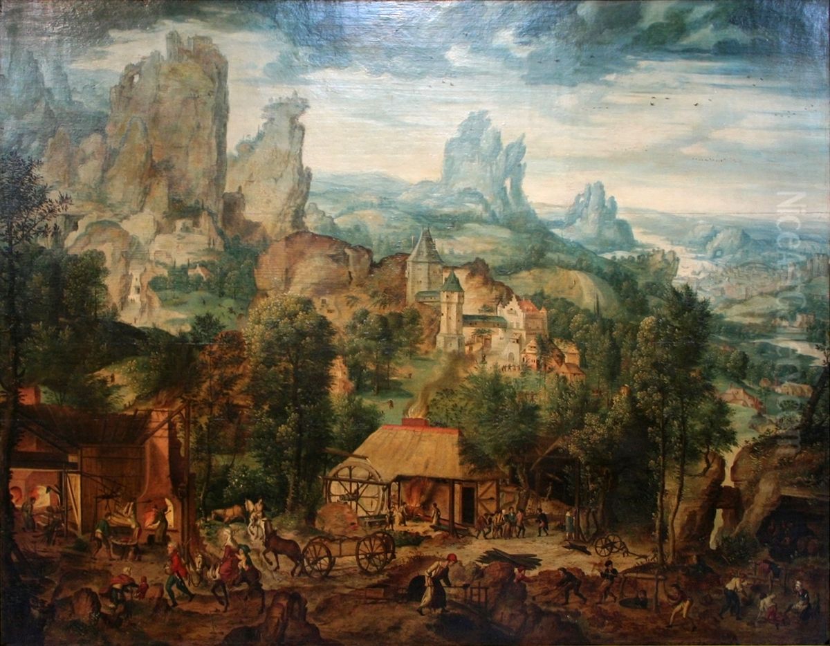 Landscape with a Foundry Oil Painting by Herri met de Bles