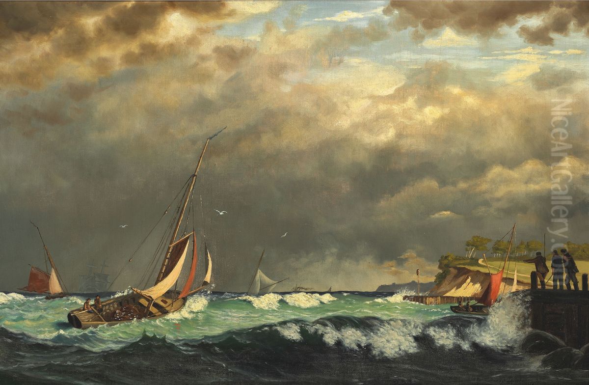 Sailing boats off a harbour in stormy weather Oil Painting by Carl Rasmussen