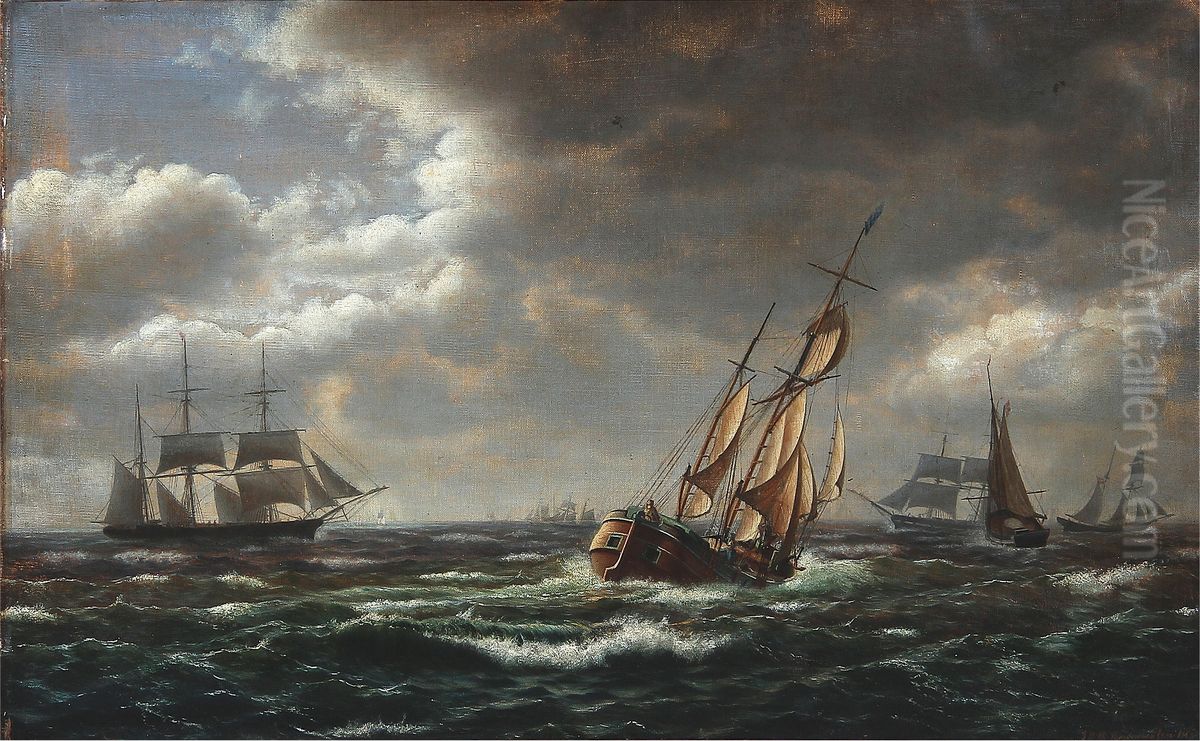 Seascape with sailing ships in high waves Oil Painting by Carl Rasmussen