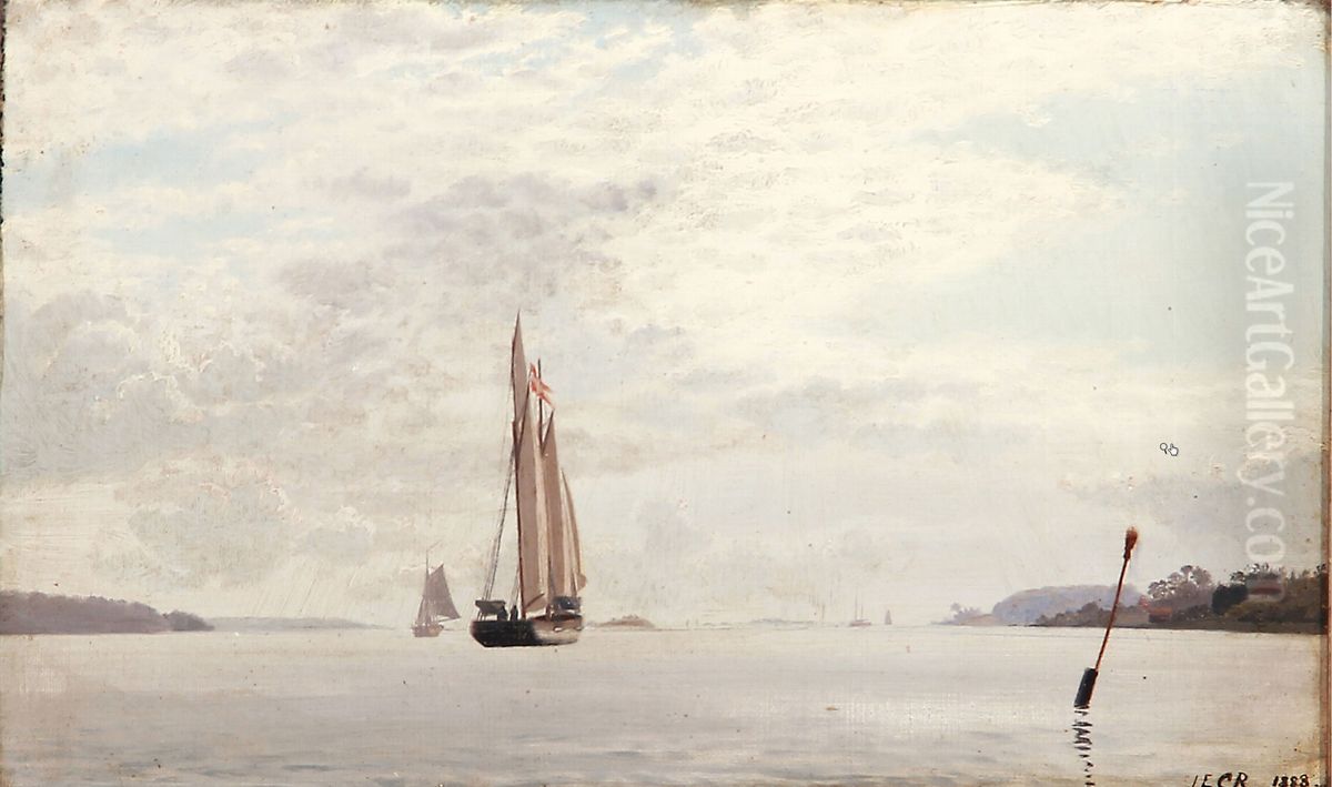 Seascape with sailing ships in a fiord Oil Painting by Carl Rasmussen
