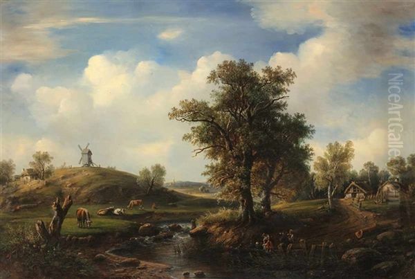 Idyllische Flusslandschaft mit Hofen Oil Painting by Adolf Sukkert