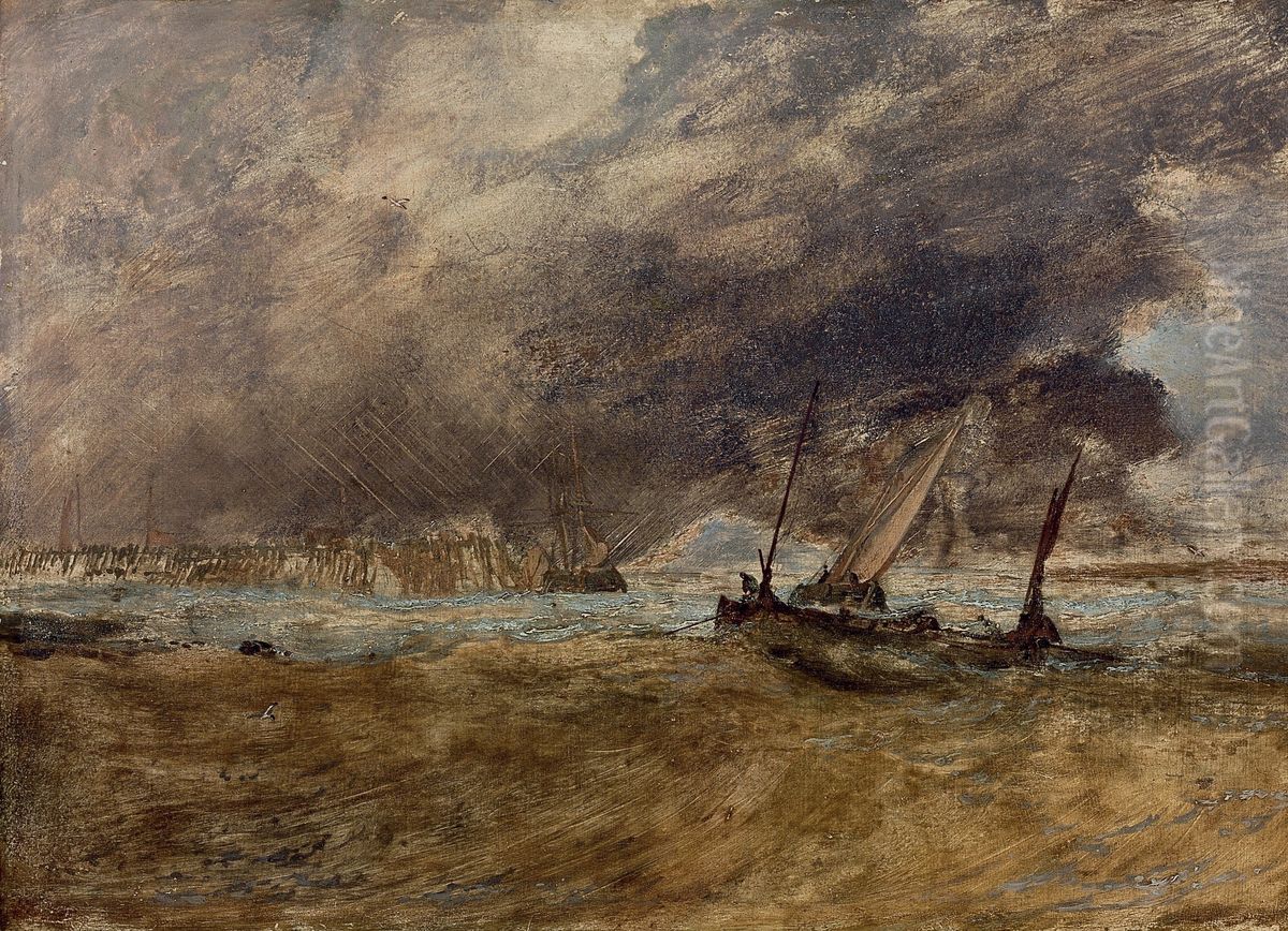 Seapiece with fishing boats off a wooden pier, a gale coming in Oil Painting by J. M. W. Turner