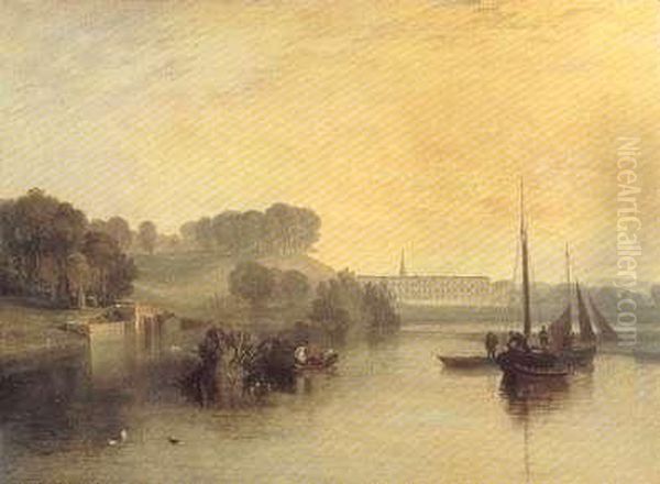 A distant view ofPetworth Houseacross the lake in Petworth Park Oil Painting by J. M. W. Turner