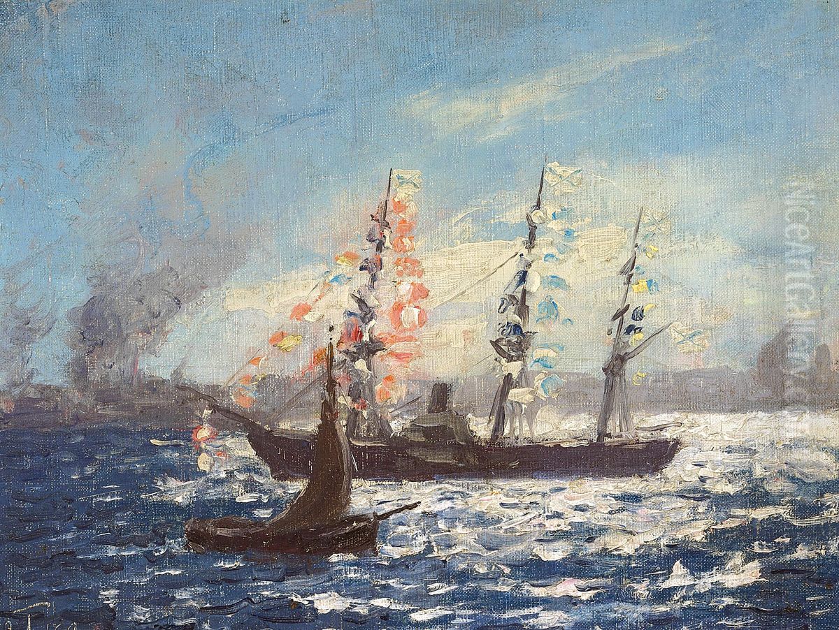 A Russian yacht on the roads of Copenhagen. Oil Painting by Laurits Tuxen