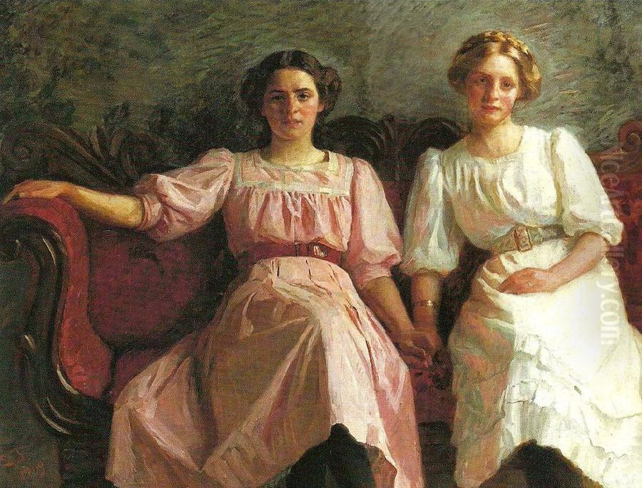 Yvonne Tuxen   and  Vibeke Kroyer Oil Painting by Laurits Tuxen