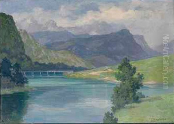 Krajina z jezerom Oil Painting by Srecko Magolic