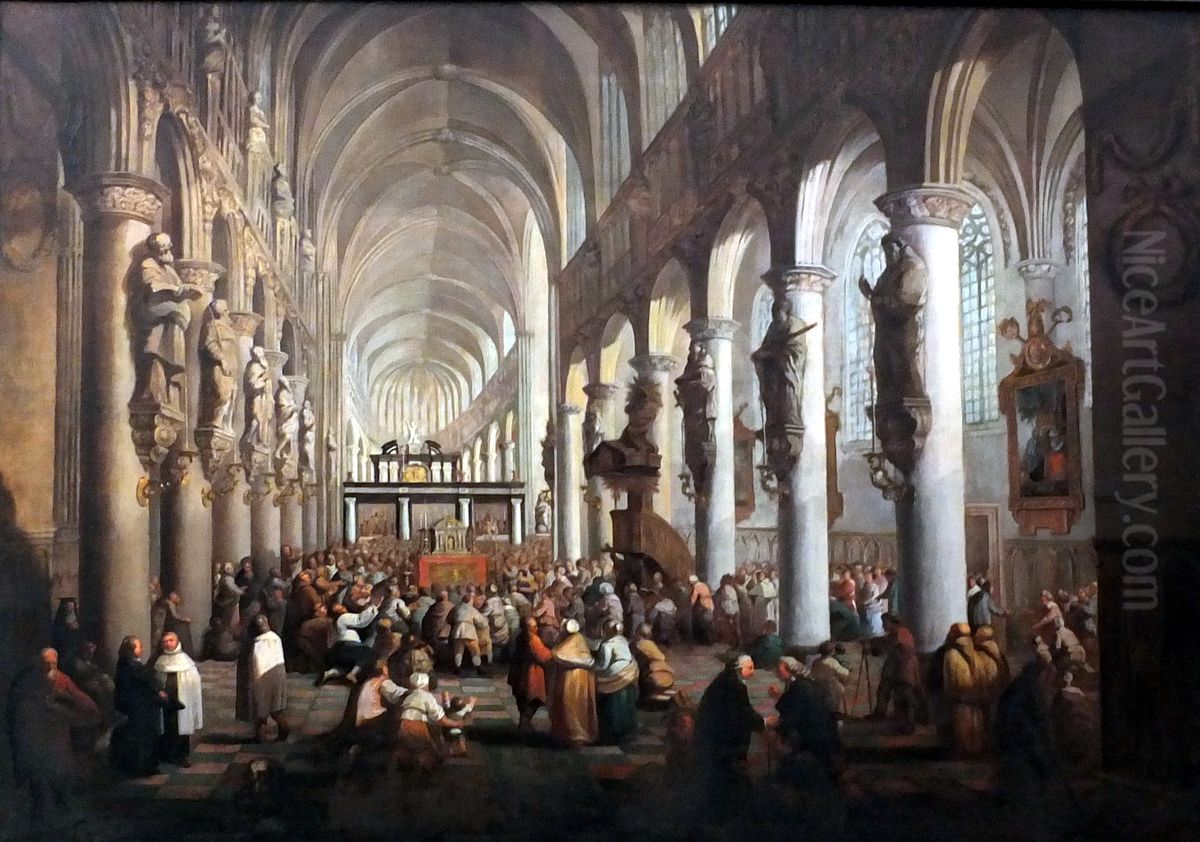 View of the interior of the Saint Rombold Cathedral in Mechelen Oil Painting by Pieter Jozef Verhaghen