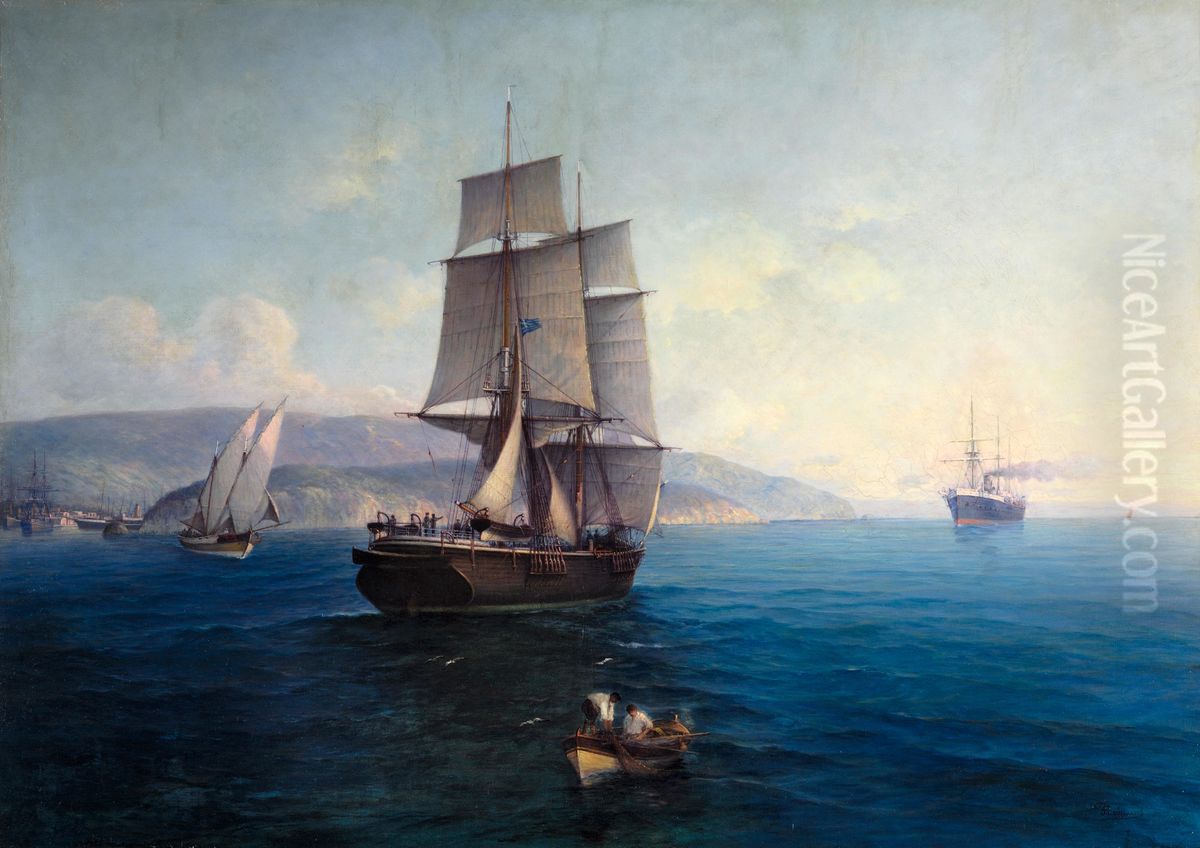 Sailing ship and steamer Oil Painting by Yannis Poulakas