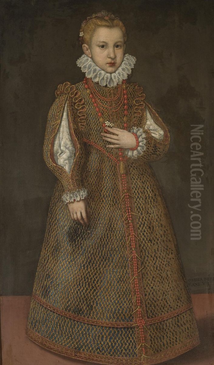 Portrait of Aurelia/Madalena Doria, full length, wearing a gold embroidered dress with slashed sleeves and wearing a coral necklace Oil Painting by unknown