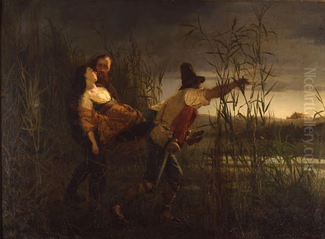 Giuseppe Garibaldi and Leggero carry a dying Anita Oil Painting by Pietro Bouvier