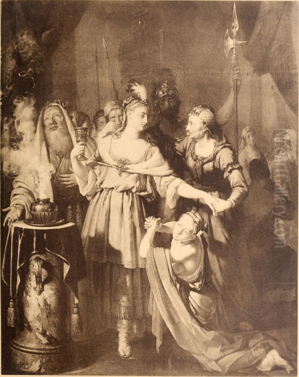 she receives from a servant a cup of poison sent to her by Masinissa Oil Painting by Herman van der Mijn