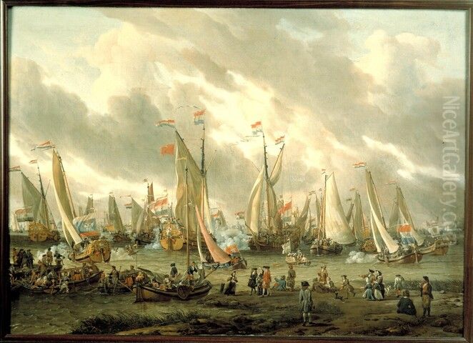 Mock fight on lake IJ in honor of Tsar Peter the Great on 1 september 1697 Oil Painting by Abraham Storck