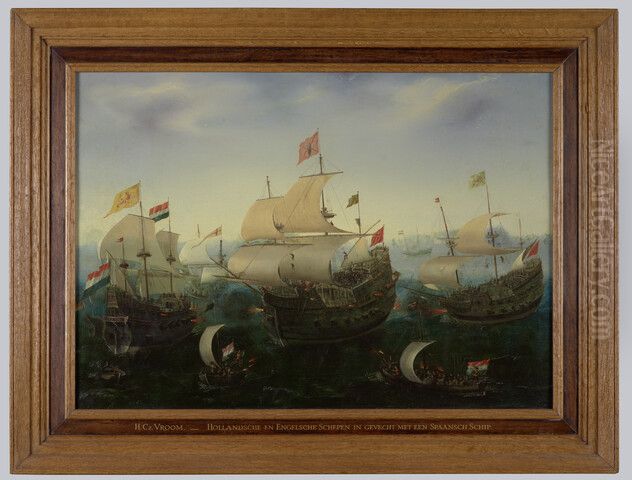 Hollandse en Engelse schepen in gevecht met een Spaans schip Oil Painting by Hendrick Cornelisz Vroom
