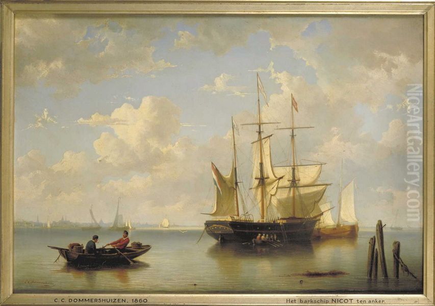 Het barkschip Nicot van rederij Wuste & Hintzen te Amsterdam voor anker op het IJ Oil Painting by Cornelis Christiaan Dommersen
