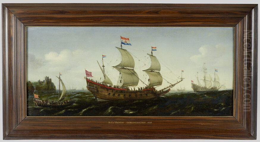 Nederlands pinasschip onder zeil nabij een rotsachtige kust Oil Painting by Hendrick Cornelisz Vroom