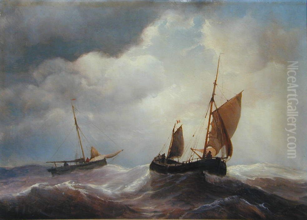 Een Belgisch pleitschip, met ruime wind varende, en een kotter voor anker Oil Painting by Louis Meijer