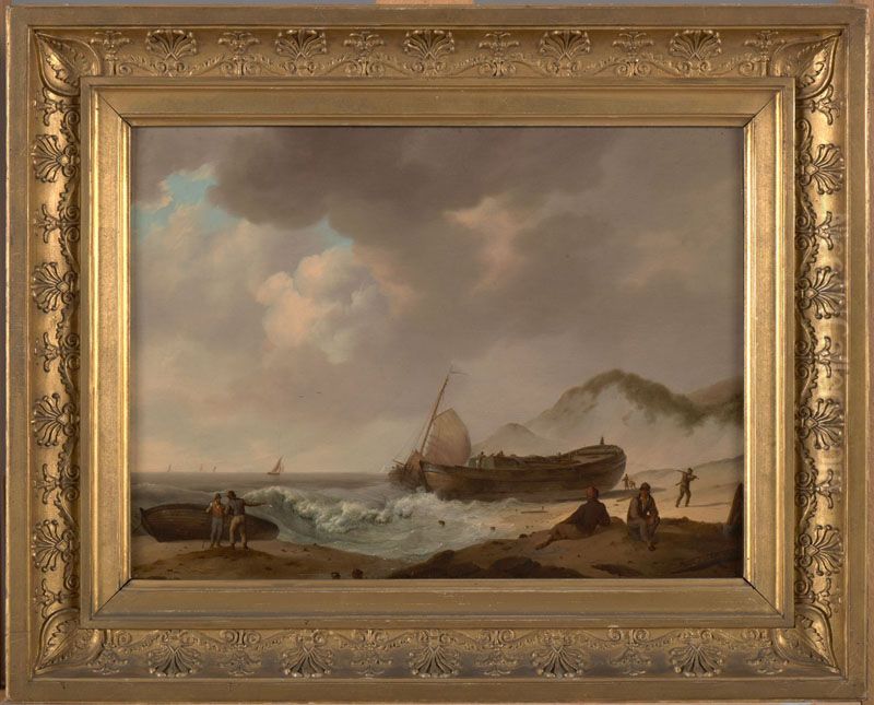 Gestrande en afgetuigde romp van een kofschip Oil Painting by Johannes Hermanus Koekkoek Snr