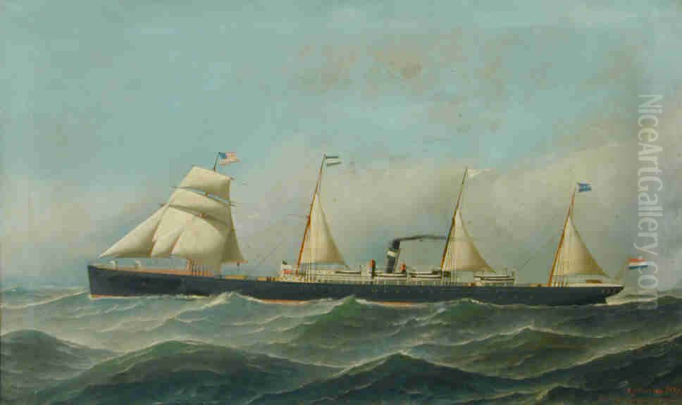 Het passagiersschip ss. Rotterdam van de Nederlandsch-Amerikaansche Stoomvaart Maatschappij Oil Painting by Antonio Nicolo Gasparo Jacobsen