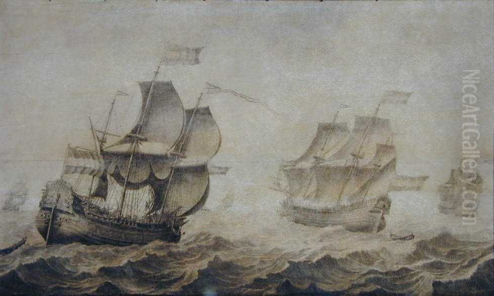 Een walvisvaarder en twee fluitschepen Oil Painting by Adriaen Van Salm