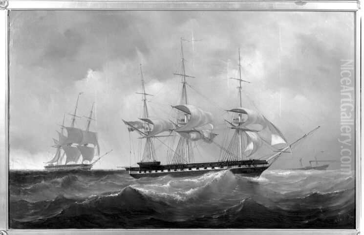 Het fregat Zr.Ms. Rijn op volle zee voor de wind zeilende Oil Painting by Mauritz de Haas