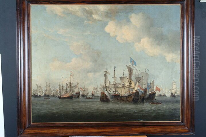 Scheepsgevecht tussen Hollandse en Franse koopvaardijschepen Oil Painting by Willem van de Velde the Younger