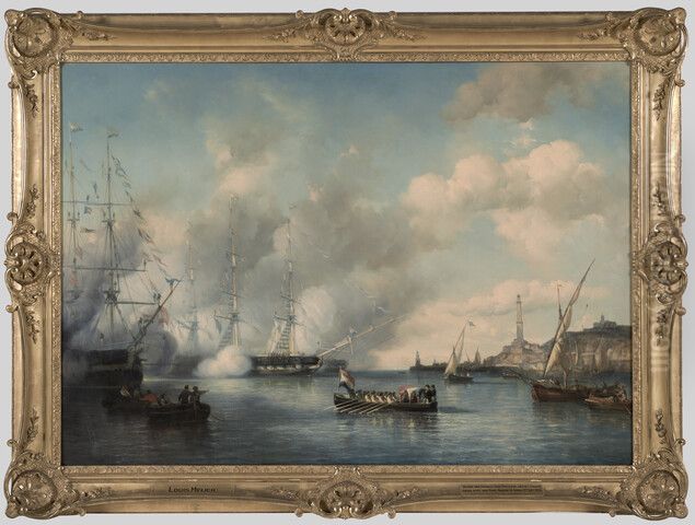Bezoek van koningin Anna Paulowna aan het eskader van prins Hendrik liggende ter rede van Genua Oil Painting by Louis Meijer
