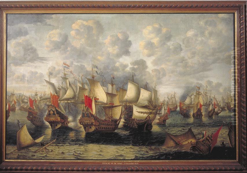 De eerste fase van de zeeslag in de Sont, 8 november 1658 Oil Painting by Jan Abrahamsz Beerstraaten
