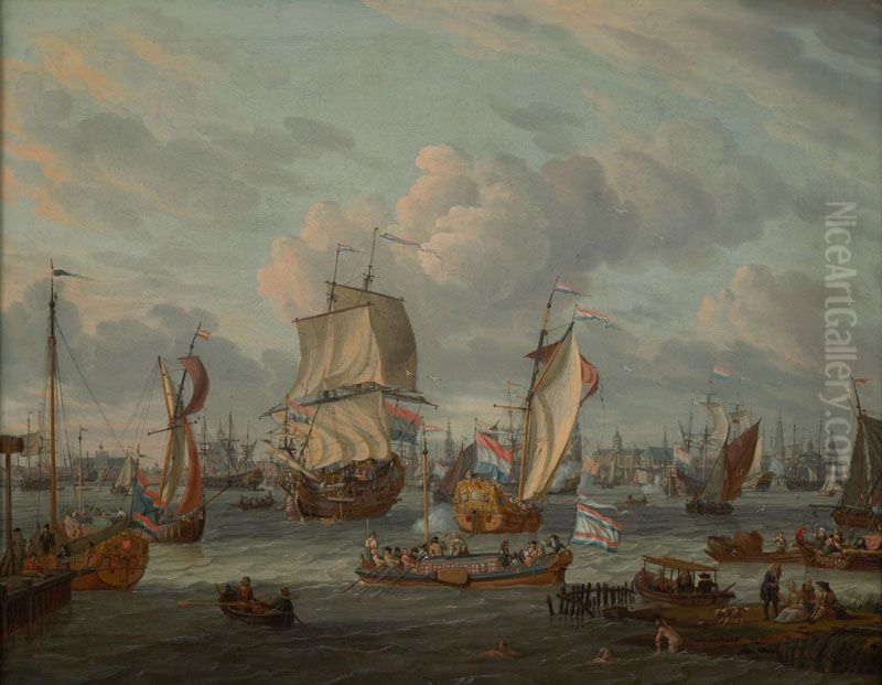 Scheepvaart op het IJ te Amsterdam Oil Painting by Abraham Storck