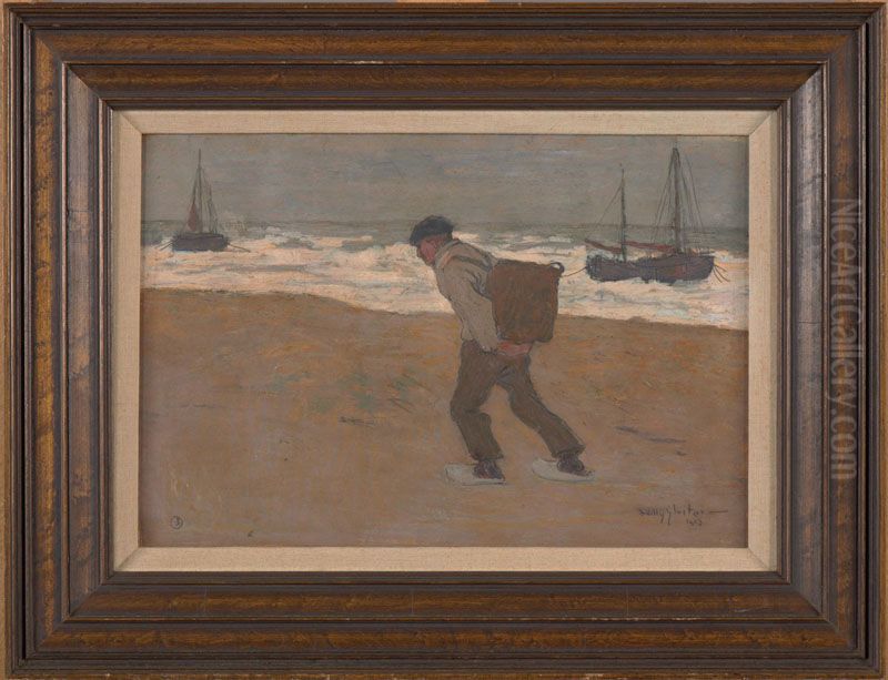 Mosselvisser op het strand Oil Painting by Jan Willem Sluiter