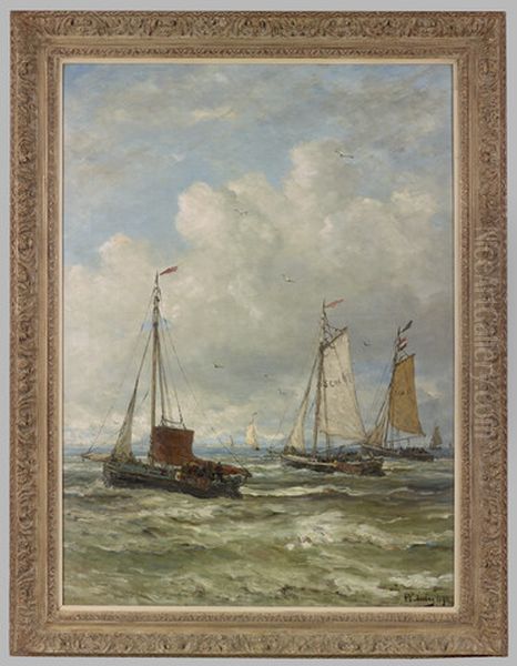 Bomschuiten varend richting open zee Oil Painting by Hendrik Willem Mesdag