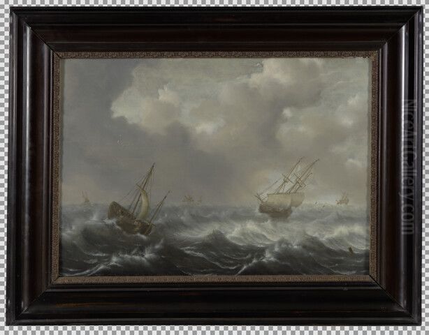 Een haringbuis en een koopvaarder in stormachtig weer op zee Oil Painting by Hendrick Staets