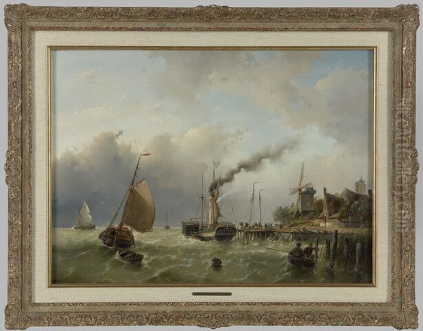 Een raderstoomschip in veerdienst bij een opstapplaats aan een steiger Oil Painting by Andreas Schelfhout