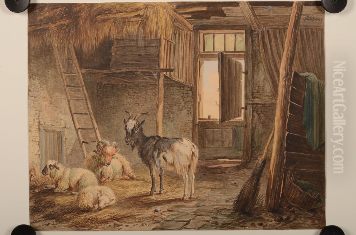 Stal met schapen en een geit Oil Painting by Pieter Plas