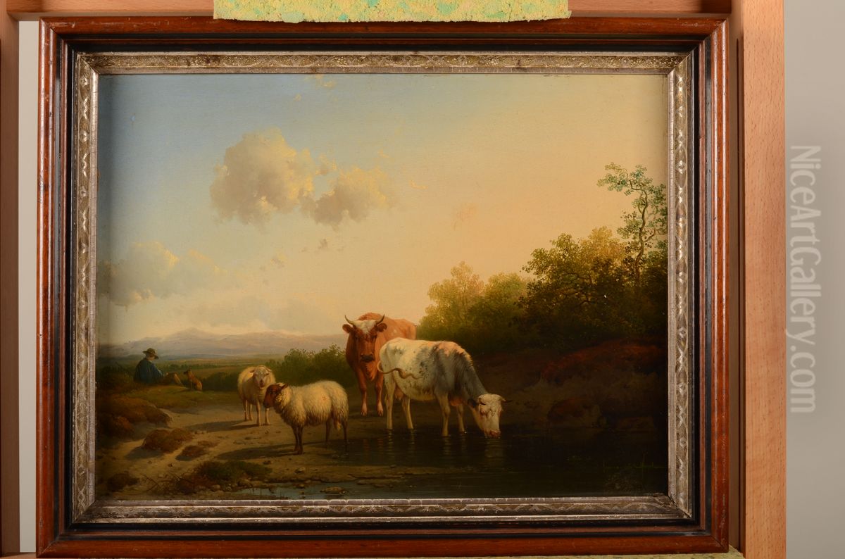 Landschap met herder en vee bij een plas Oil Painting by Pieter Plas