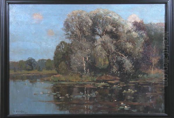 Waterpartij met bos. Oil Painting by Berend Jan Brouwer