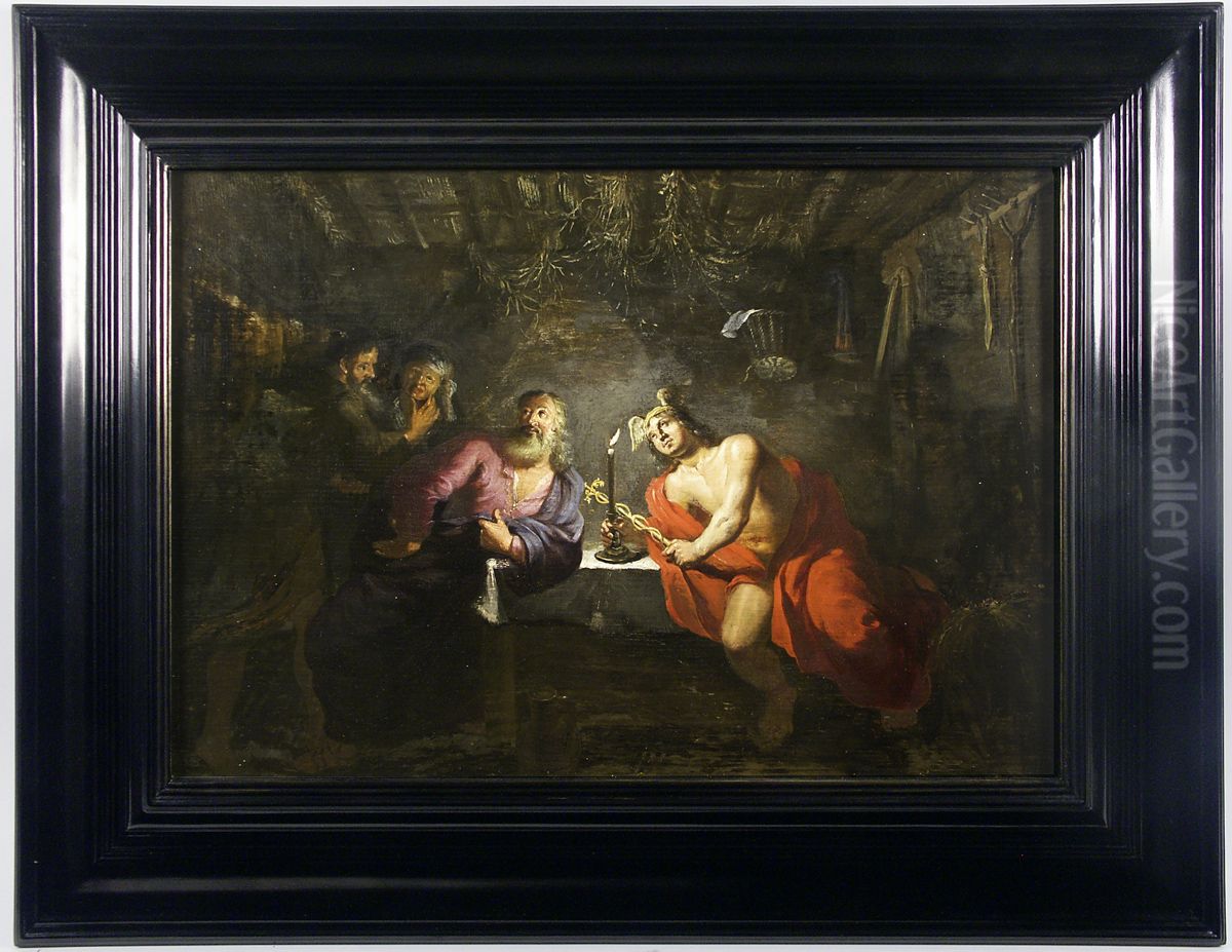 Zeus en Hermes in de hut van Philemon en  Baucis. Oil Painting by Gerhard Jan Palthe