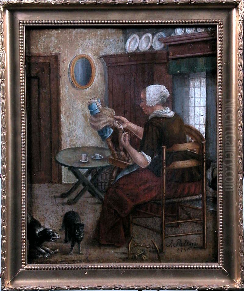 Vrouwtje aan spinnewiel. Oil Painting by Jan Palthe