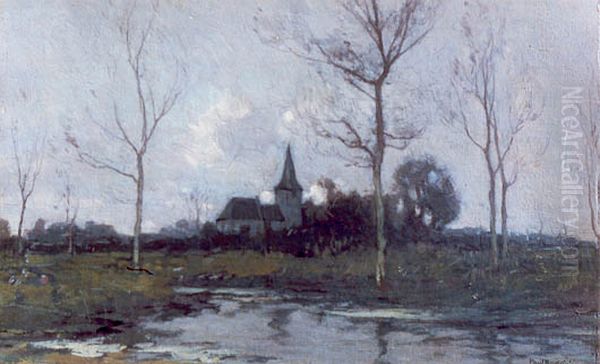 Landschap met dorpskerk Oil Painting by Paul Bodifee