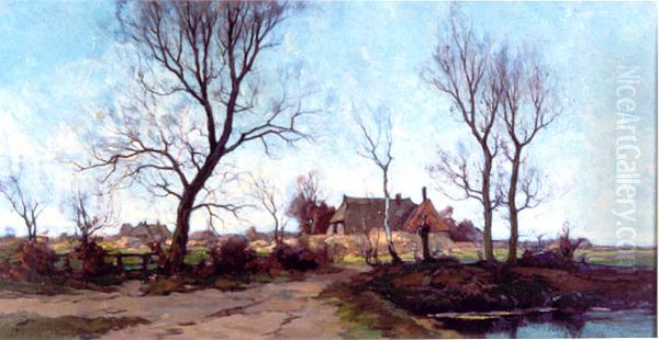 Landschap met boerderij, bomen en waterplas Oil Painting by Paul Bodifee