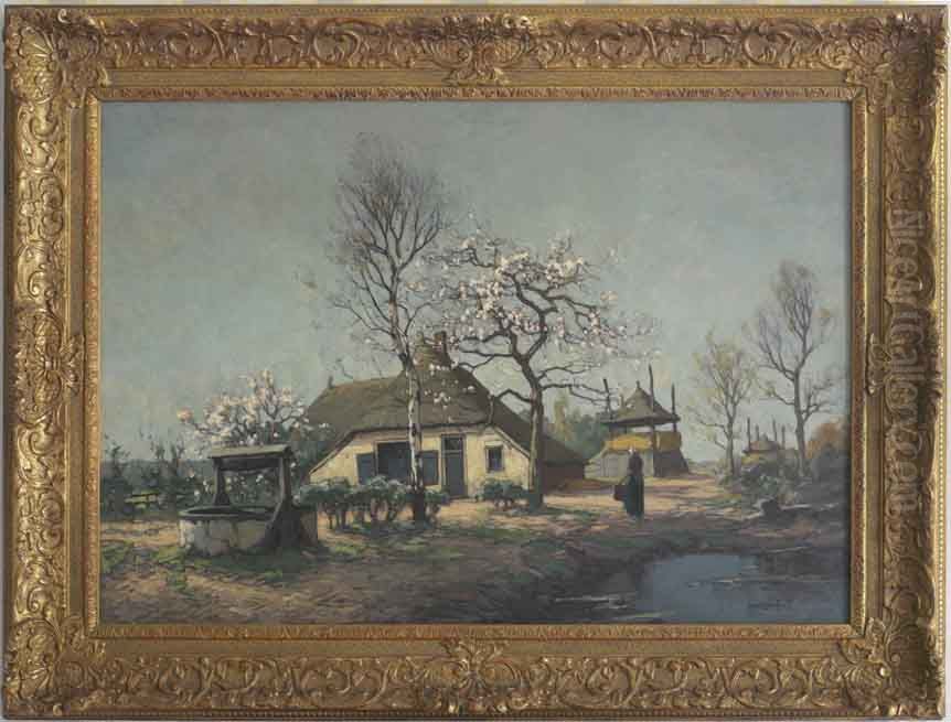 Boerderij met waterput en boerin Oil Painting by Paul Bodifee