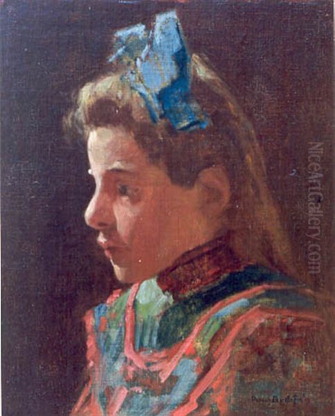 Meisjes portret met blauwe strik in het haar Oil Painting by Paul Bodifee