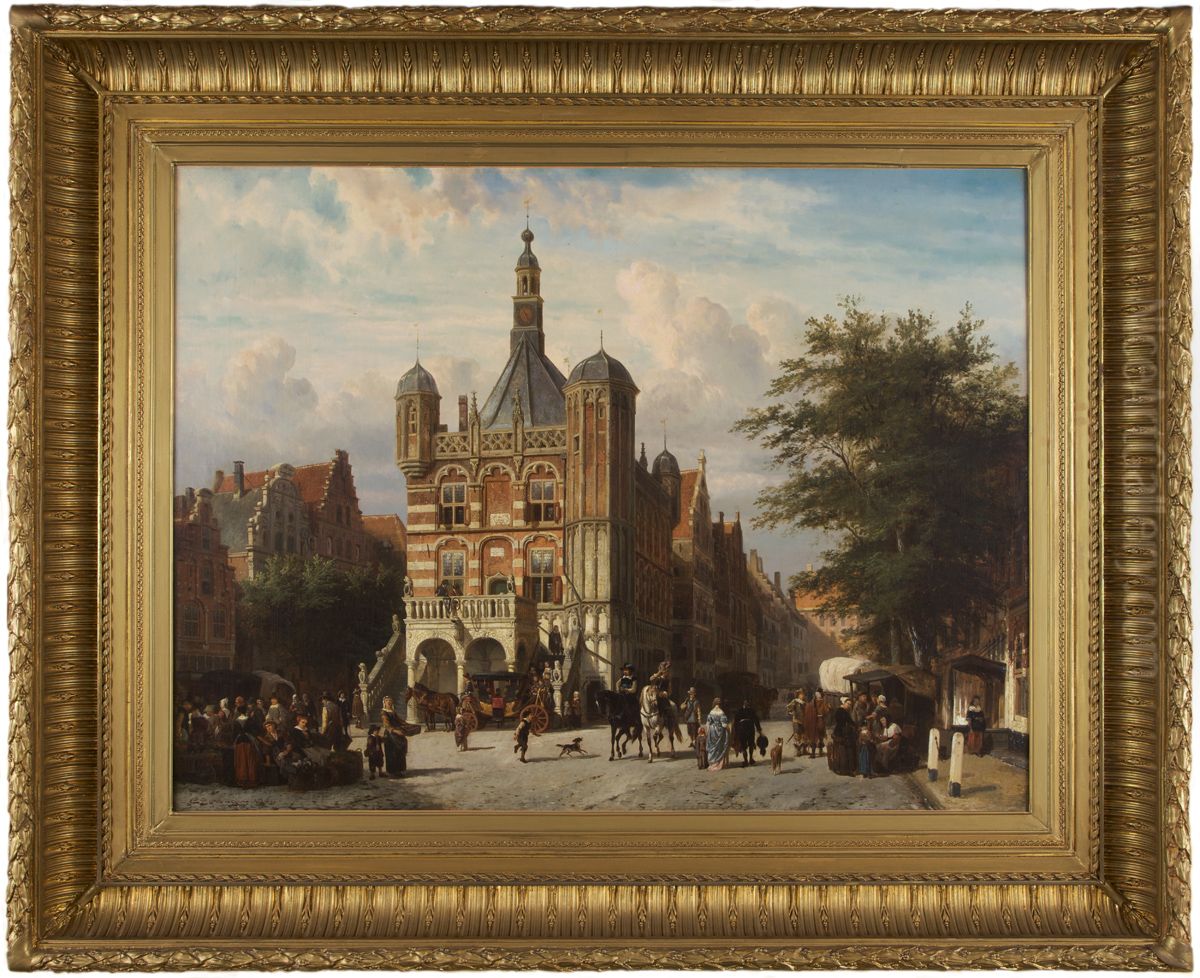 Gezicht op de Brink met de Waag. Oil Painting by Cornelis Springer