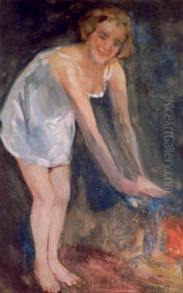 Meisje warmt zich bij open haard Oil Painting by Simon Maris