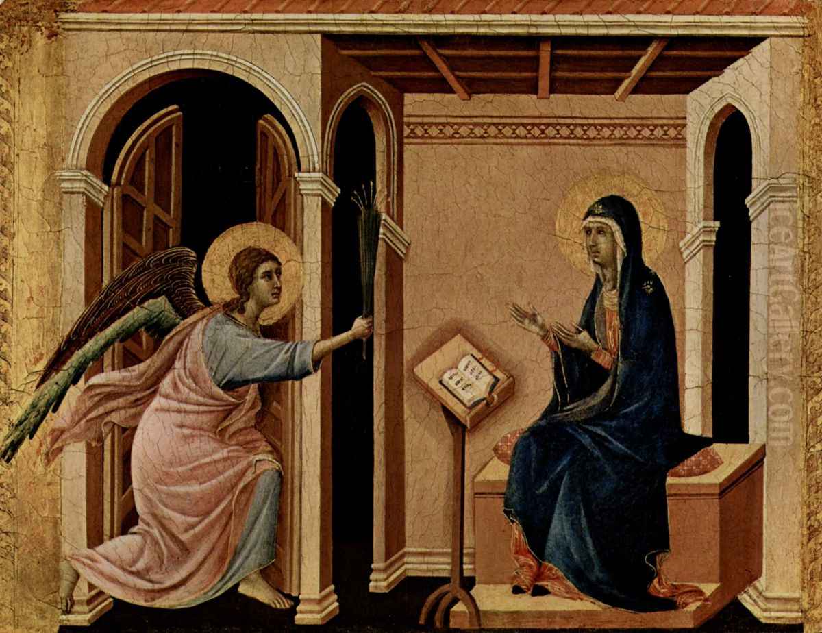 Maesta, Altarretabel des Sieneser Doms, Vorderseite, Altarbekronung mit Szenen zum Marientod, Szene: Verkundigung Marias Tod Oil Painting by Duccio Di Buoninsegna
