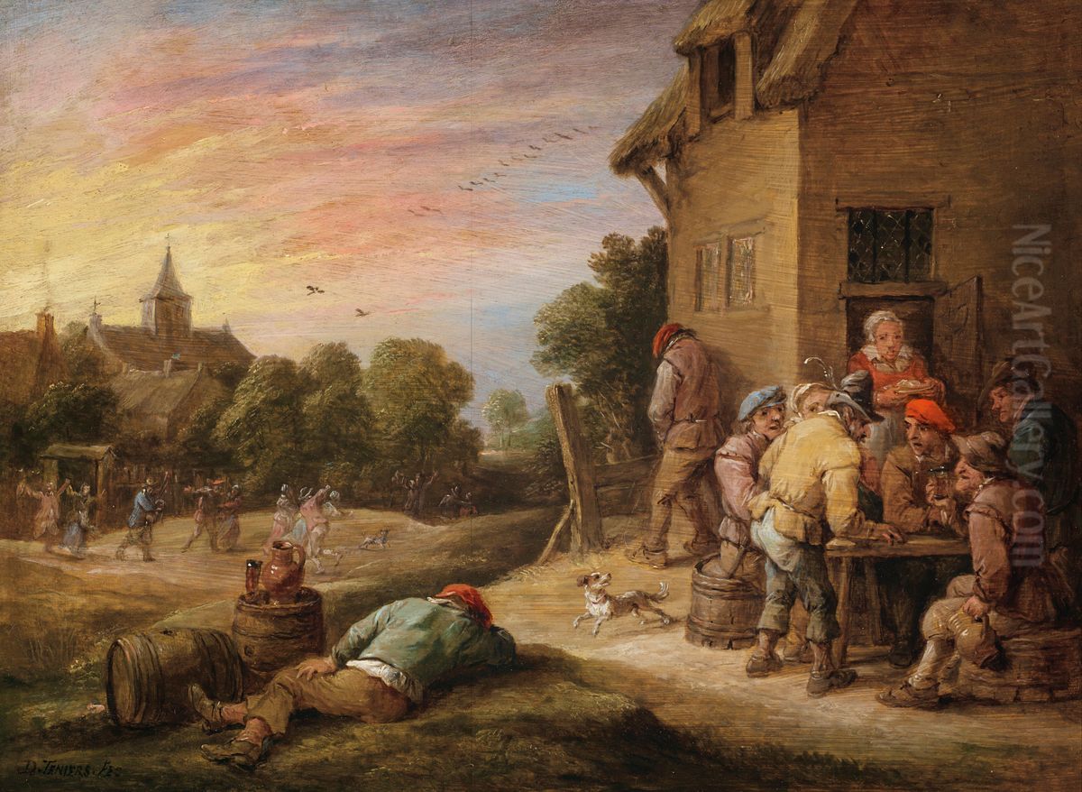 A village scene with peasants carousing outside an inn Oil Painting by David Teniers the Younger