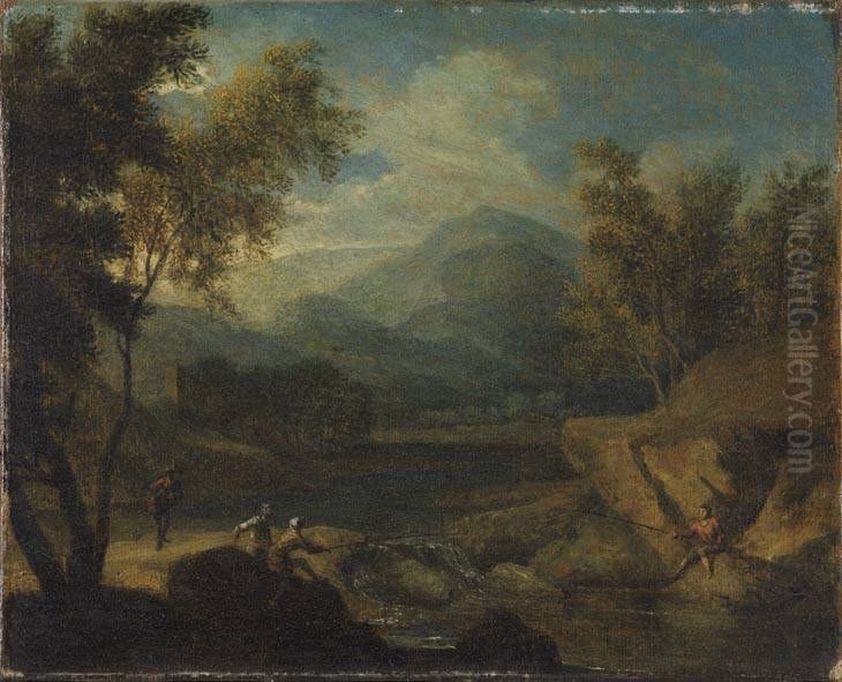 Gebirgige Flusslandschaft mit Anglern Oil Painting by Johann Sebastian Bach