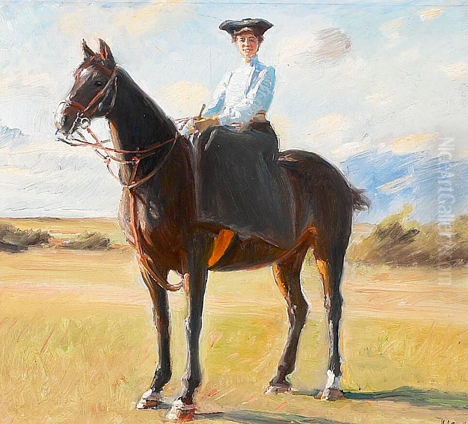 A young woman on horseback. Oil Painting by Michael Peter Ancher
