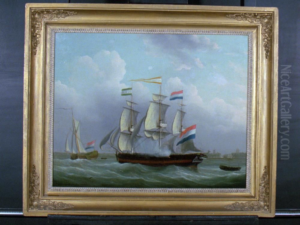 Fregatschip 'Rotterdams Welvaren' op de Maas te Rotterdam Oil Painting by Izaak Schouman