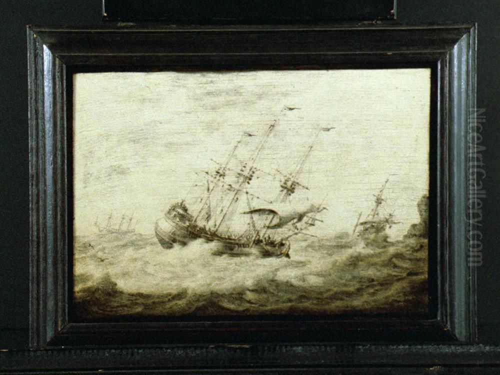 Fluitschip in woelig water Oil Painting by Adriaen Van Salm