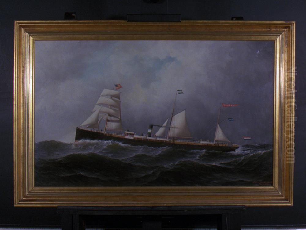 Het s.s. 'Schiedam' (I) van de Nederlandsch Amerikaansche Stoomvaart Maatschappij (NASM) Oil Painting by Antonio Nicolo Gasparo Jacobsen